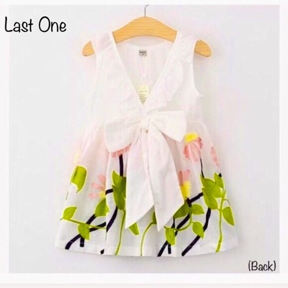 Cotton Dress With Embroidered Flowers Ruffle Collar Large Bow at Small of Back - Picture 2 of 8